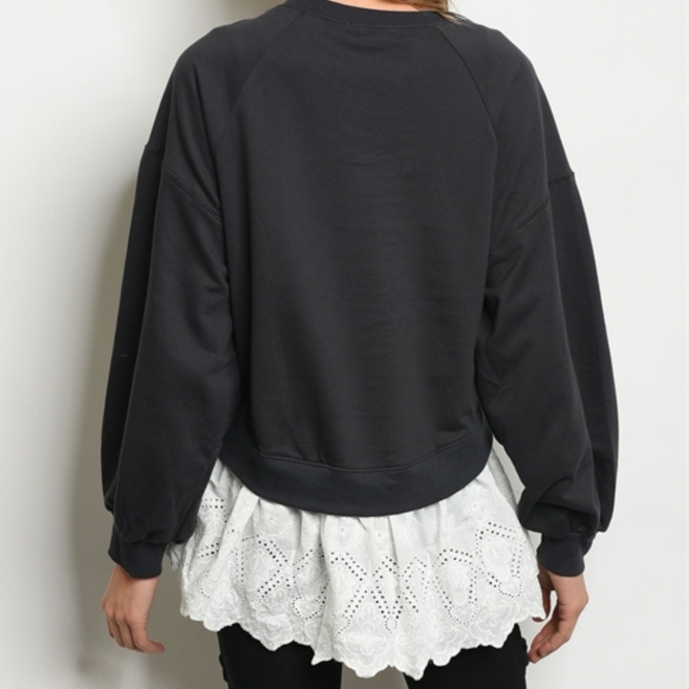 NINETY NINE Long Sleeve Black With White Eyelet Trim Tunic Top Only Sz Small NWT - Picture 3 of 5